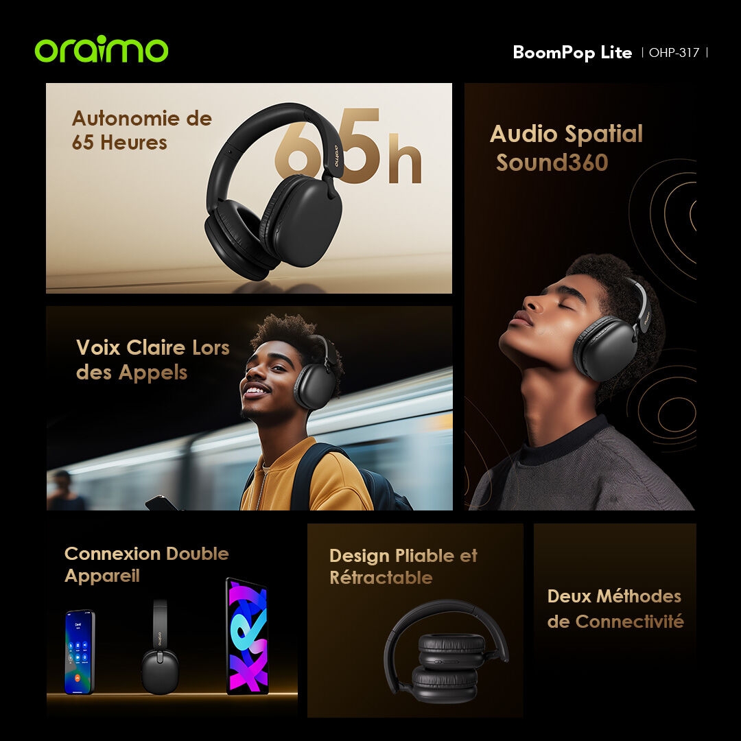 Oraimo BoomPop Lite - Casque Bluetooth supra-auriculaires sans fil ENC - 60h d'écoute – Image 11