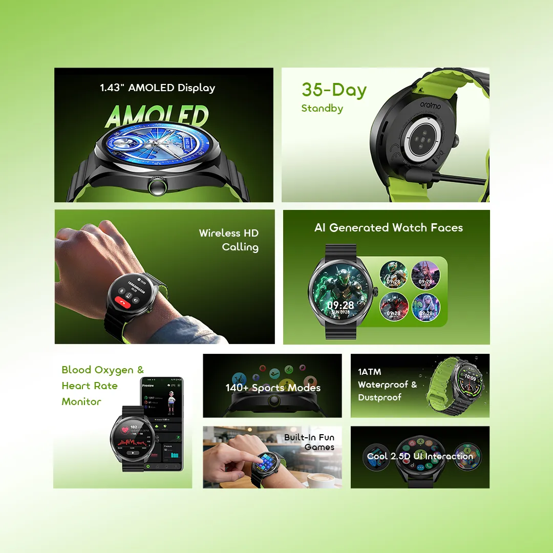 Oraimo Watch Nova 2R Montre connectée avec écran AMOLED de 1,43 pouce et autonomie en veille de 35 jours – Image 3