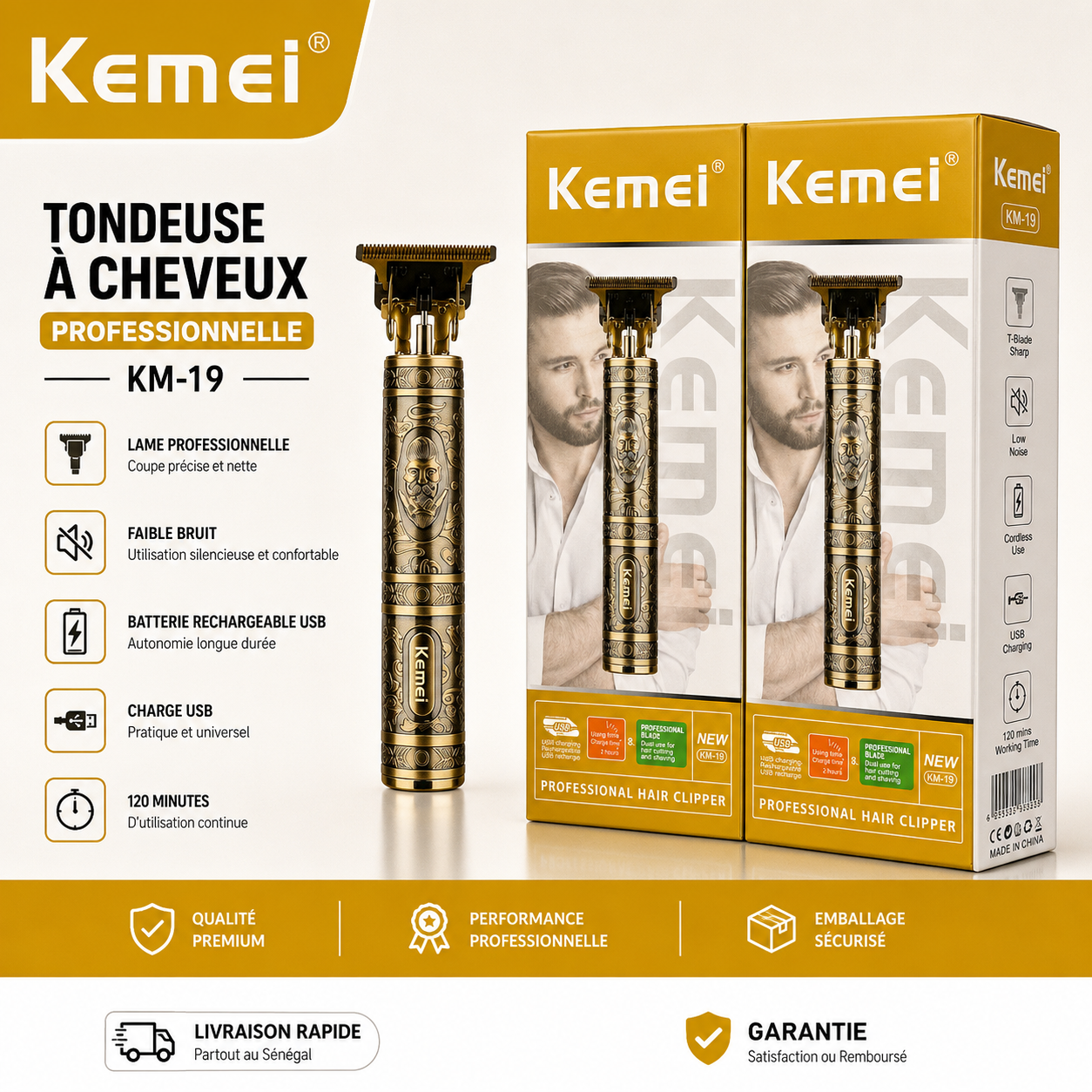 Kemei KM 19 T Blade Doré Tondeuse Professionnelle Rechargeable USB, Coupe Précise et Silencieuse