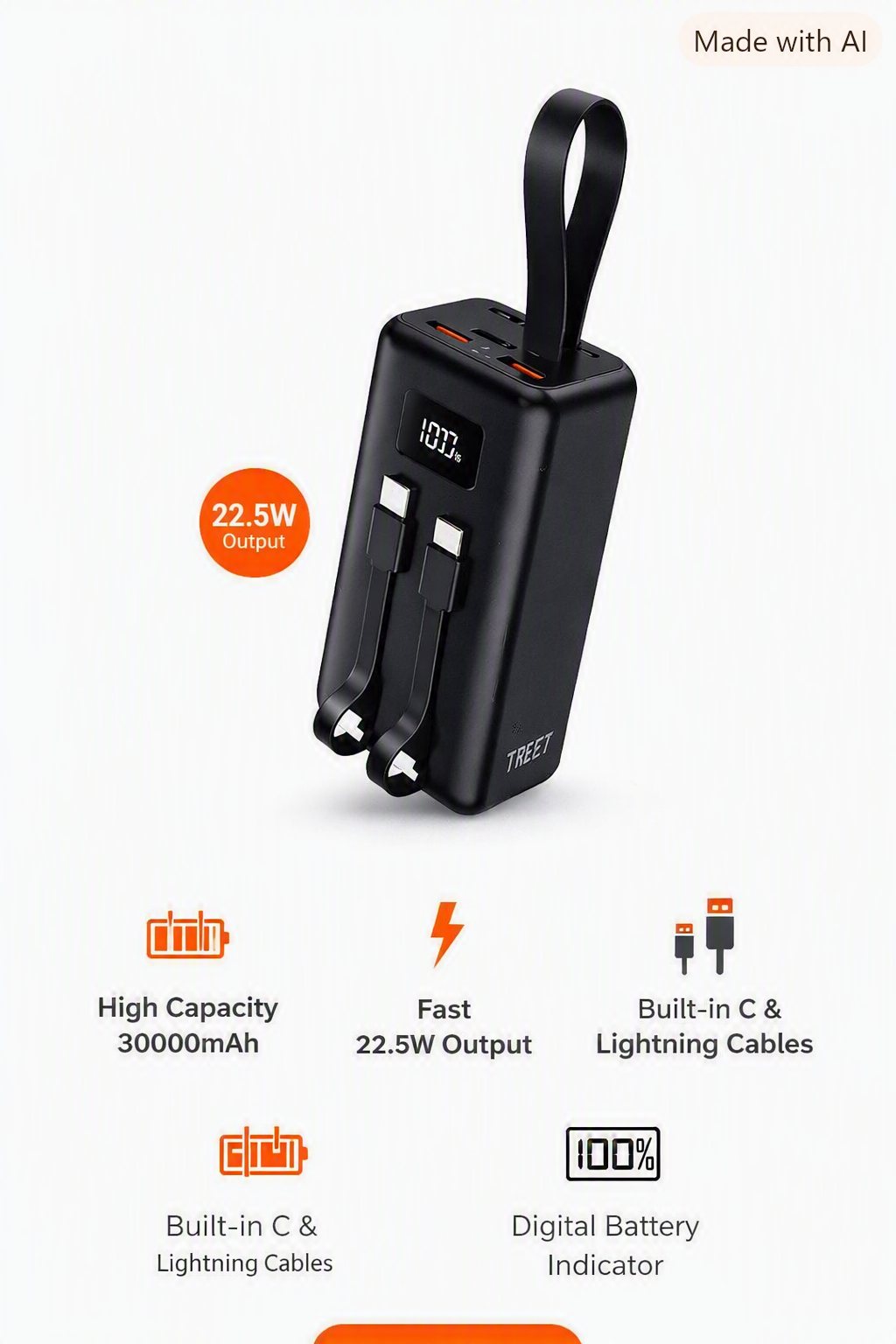 Power Bank 30000mAh 22.5W - Charge Rapide avec Câbles Intégrés (Modèle BRK-PB40