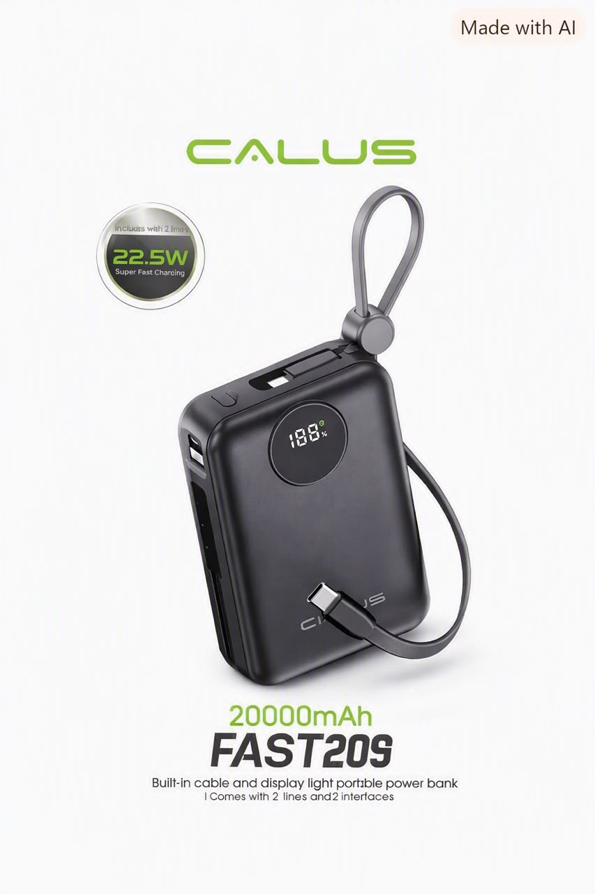 Power Bank CALUS FAST209 – 20000 mAh | Charge rapide 22.5 W | Câbles intégrés