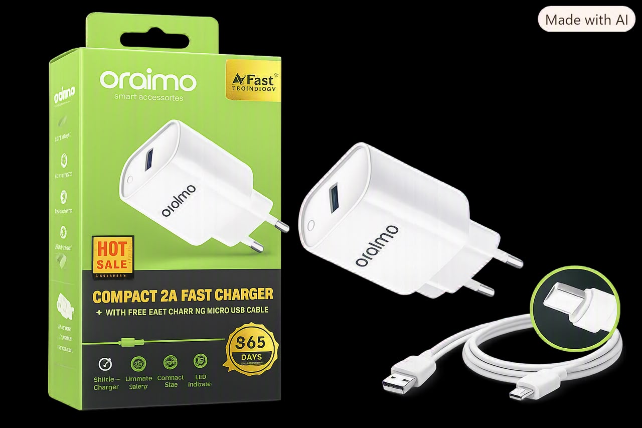 Oraimo Firefly 3 – Chargeur Compact 2A avec Câble Micro‑USB Gratuit | AniFast Technologie & Garantie 365 Jours