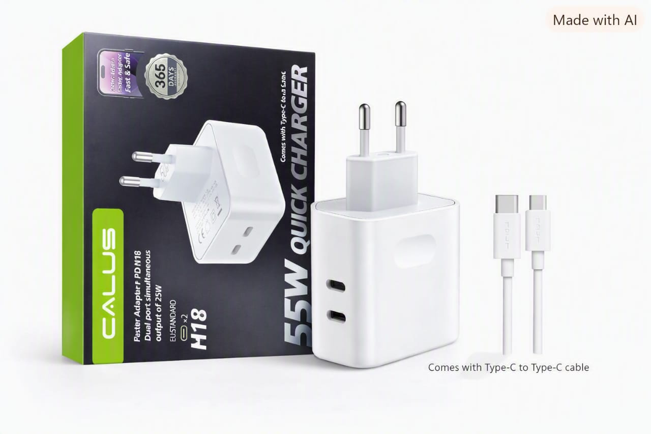 CALUS PD N18 – Chargeur rapide 50W double port USB‑C | Adaptateur secteur avec câble Type‑C