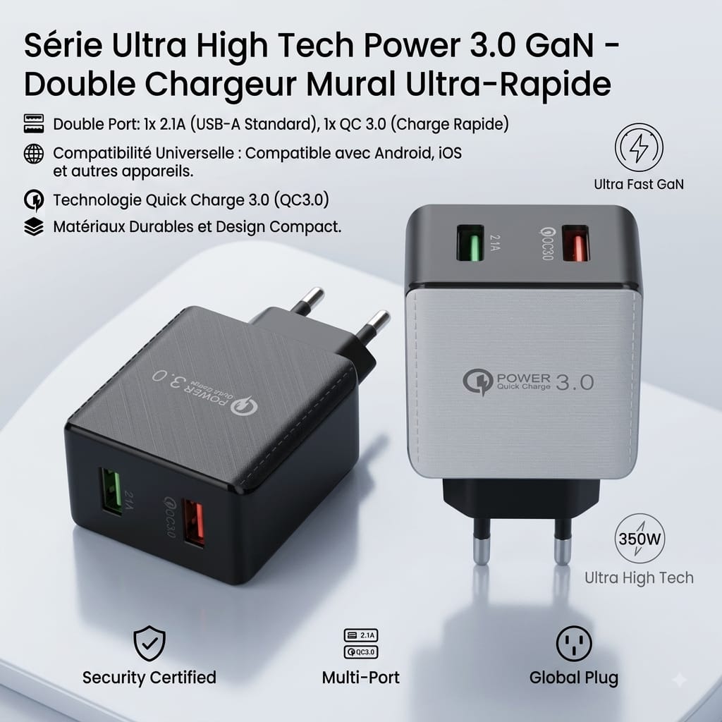 Chargeur Secteur Double USB Charge Rapide QC 3.0 & 2.1A – Power 3.0
