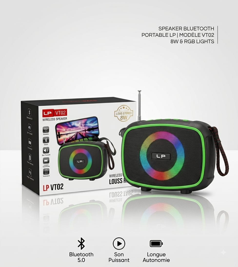 Mini Enceinte Bluetooth Portative LP VT02 – Radio FM, LED RGB & Son Puissant