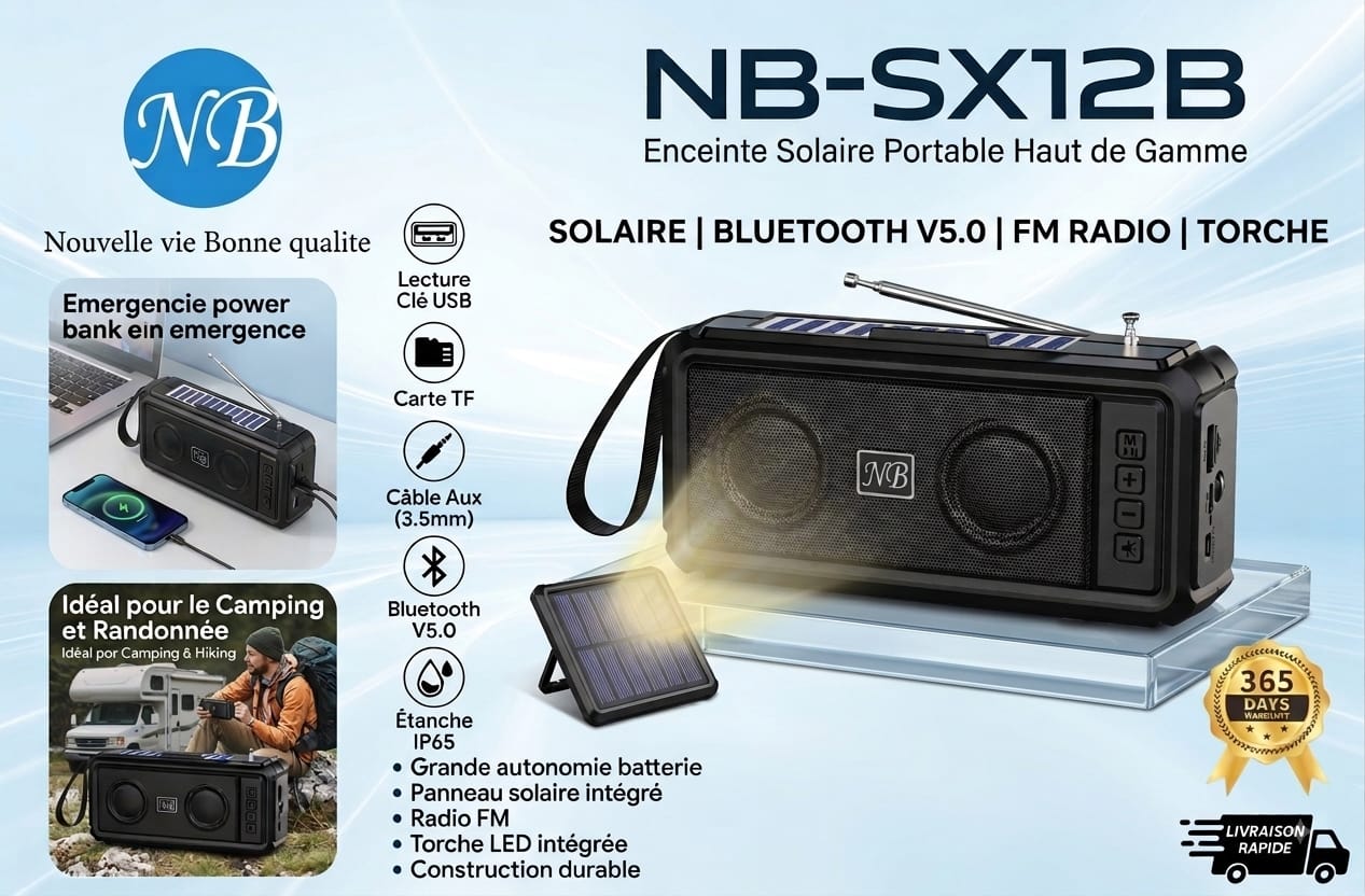 Enceinte Solaire Portable NB-SX12B : Bluetooth, Radio FM & Torche LED