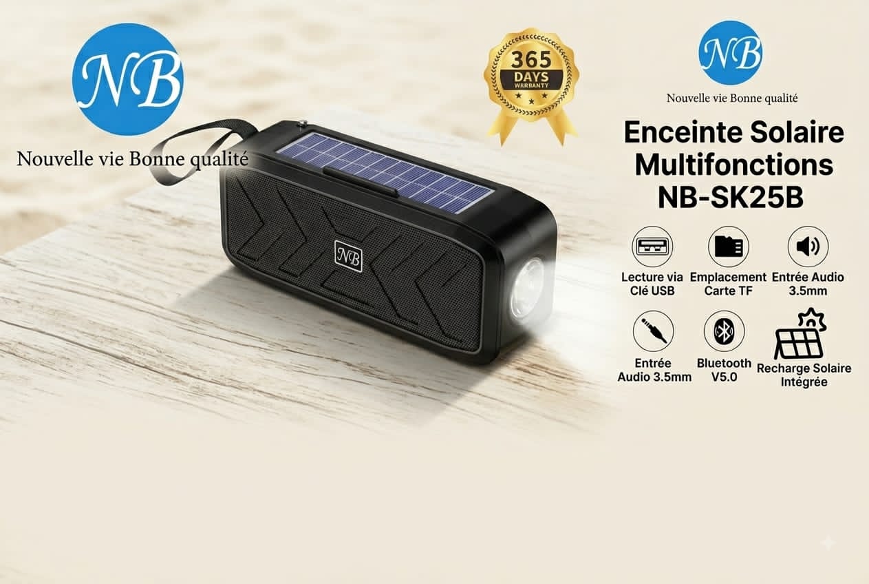 Enceinte Solaire Portative Bluetooth 5.0 NB-SK25B – Multifonction avec Lampe Torche, USB & Carte TF