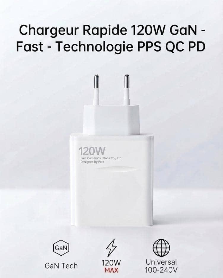 Chargeur Rapide USB 120W GaN Fast - Bloc d'Alimentation Secteur Universel PD & QC