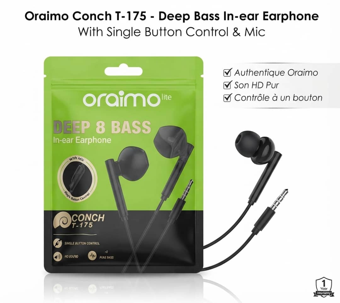 Oraimo Conch T-175 : Écouteurs Filaire Deep Bass avec Micro et Contrôle - Noir