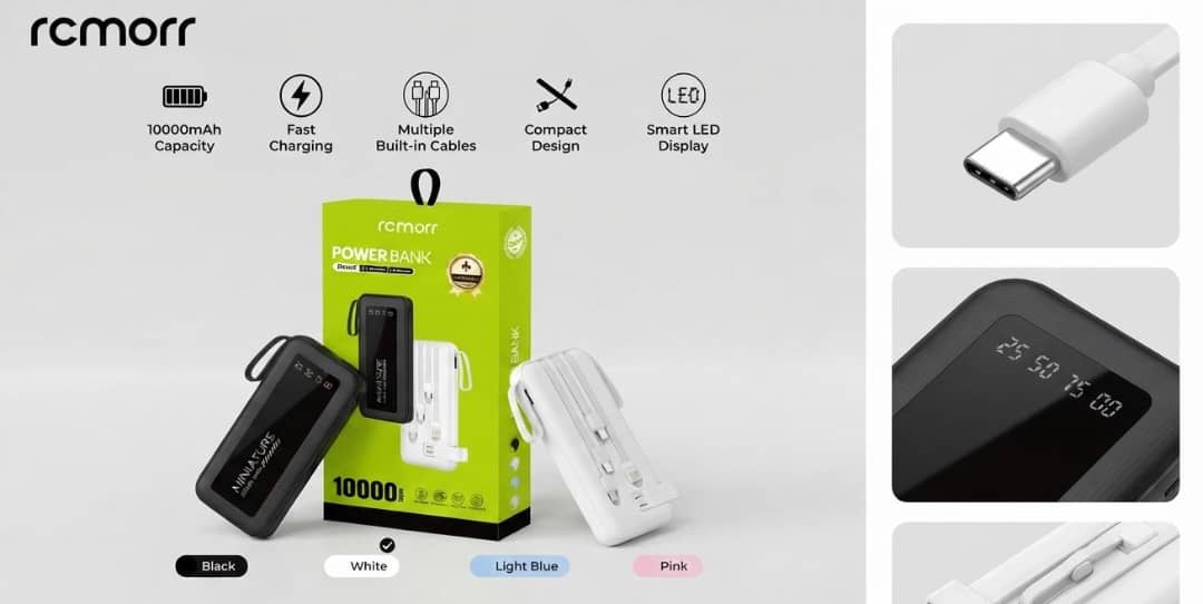 Batterie Externe 10 000 mAh Ultra-Rapide - 4 Câbles Intégrés