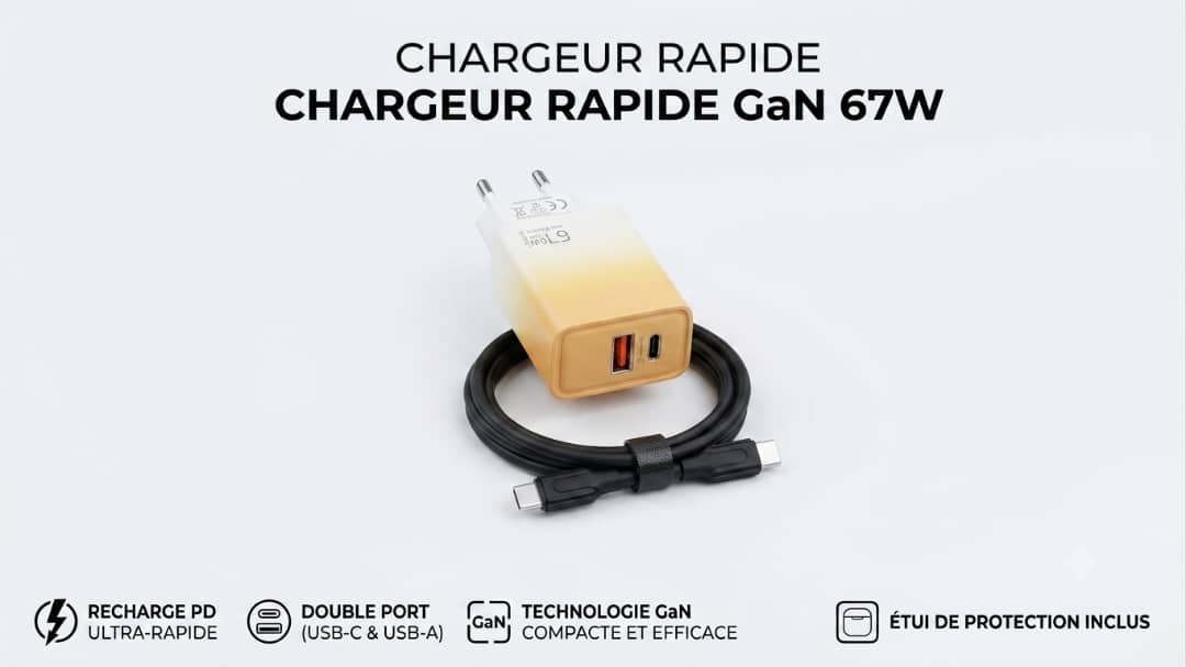 Chargeur Rapide GaN 67W Double Port (USB-C & USB-A) + Câble Type-C