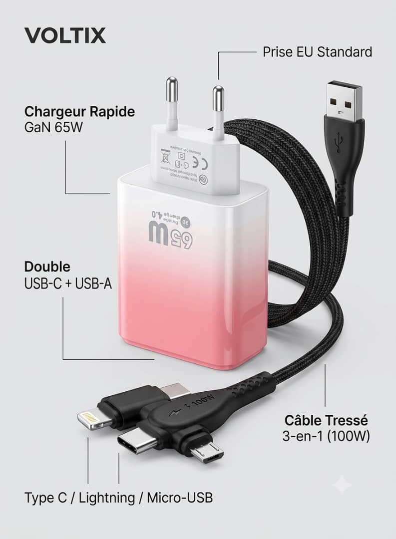 Chargeur Rapide 65W GaN Rose avec Câble 3-en-1 (USB-C, Lightning, Micro-USB) – Bi-Port USB-C & USB-A – Prise EU