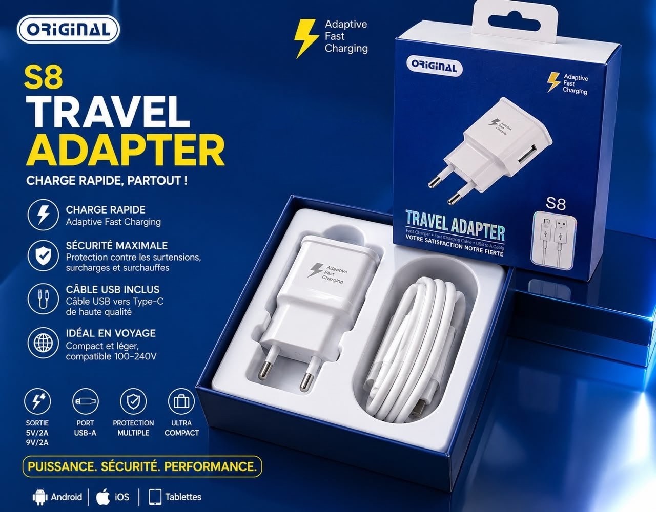 Chargeur Secteur Rapide 18W + Câble USB vers USB-C - Android & iOS