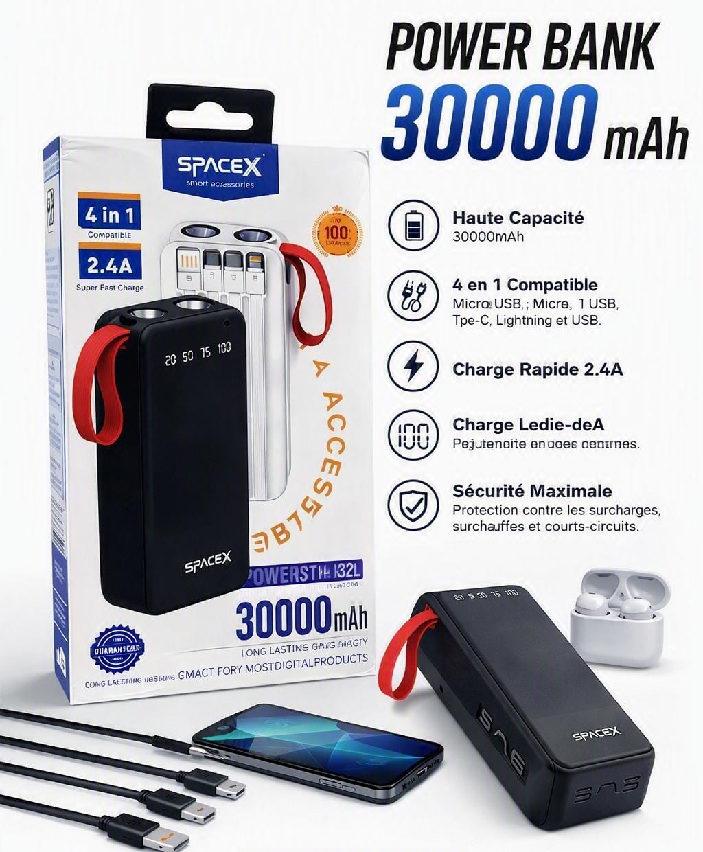Power Bank SpaceX 30000 mAh – Charge Rapide 4 en 1, Écran LED Intelligent