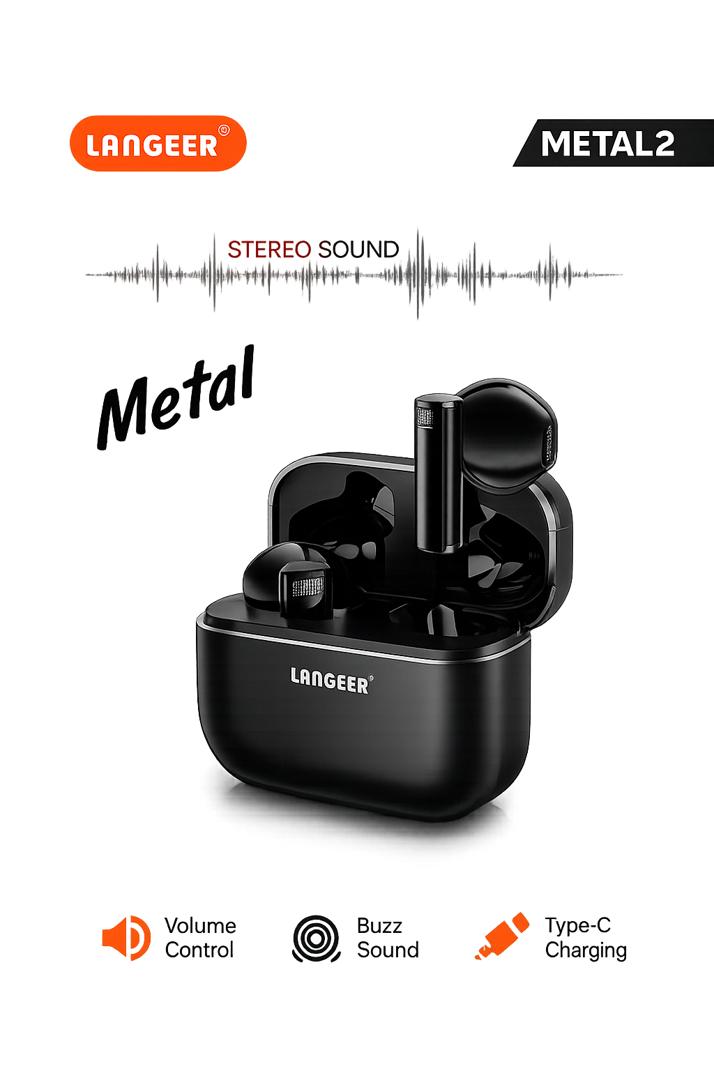 LANGEE METAL2 – Écouteurs Sans Fil Métal avec Son Stéréo et Buzz Sound