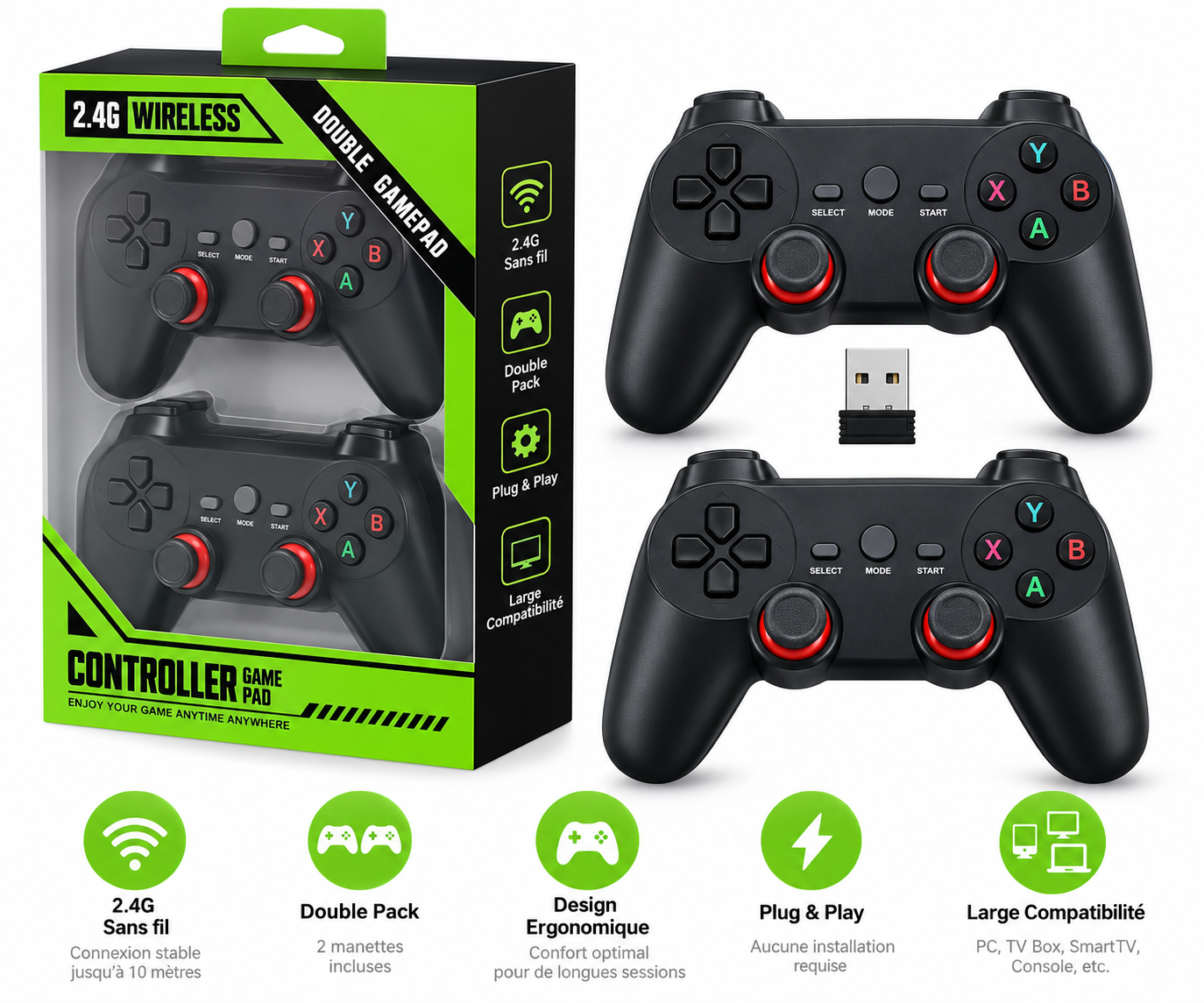 Pack Double Manettes sans fil 2.4G Premium - Edition Gamer Noir/Rouge