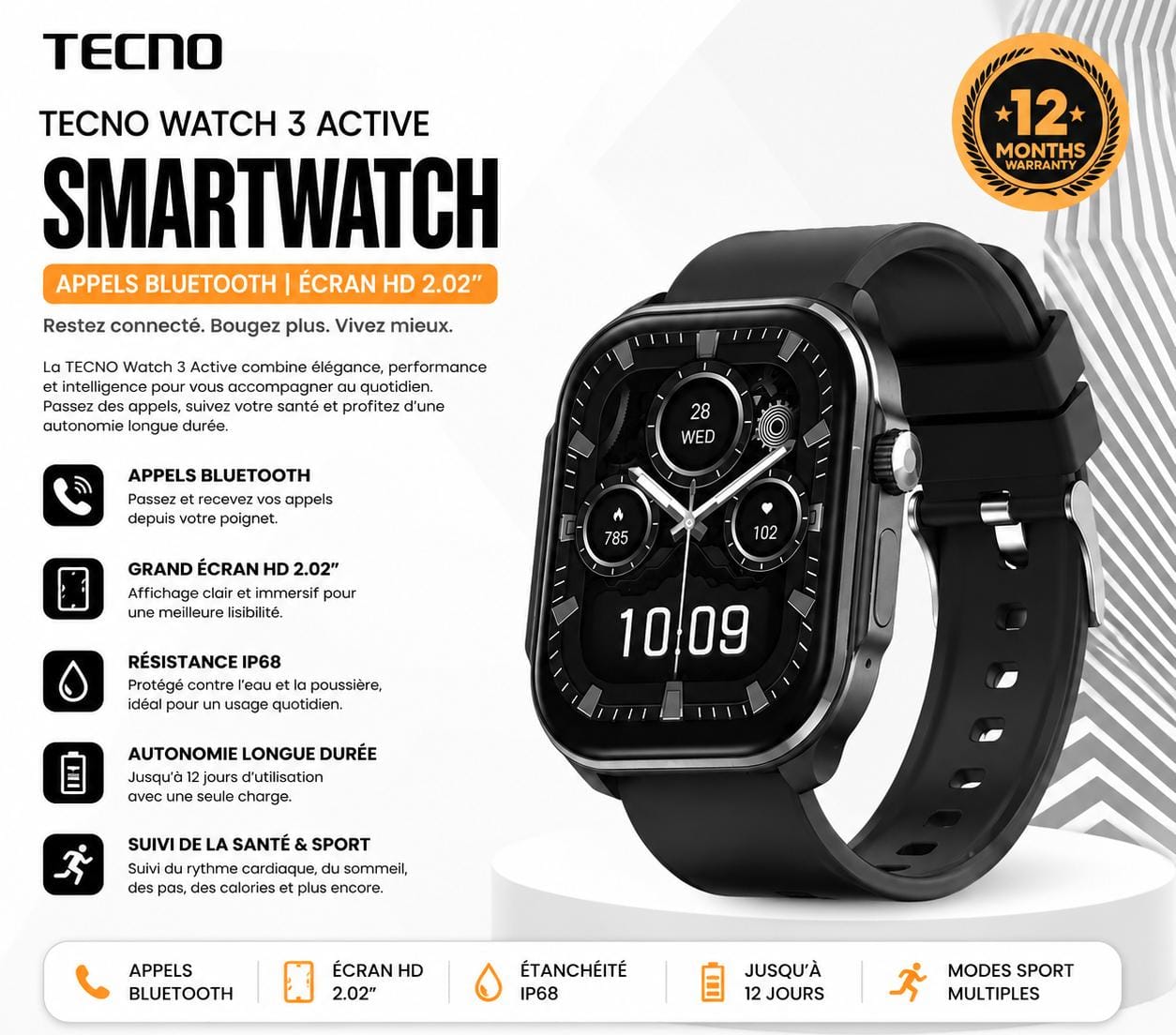 TECNO Watch 3 Active – Montre Connectée Bluetooth, Écran HD 2,02", IP68, Autonomie 12 Jours