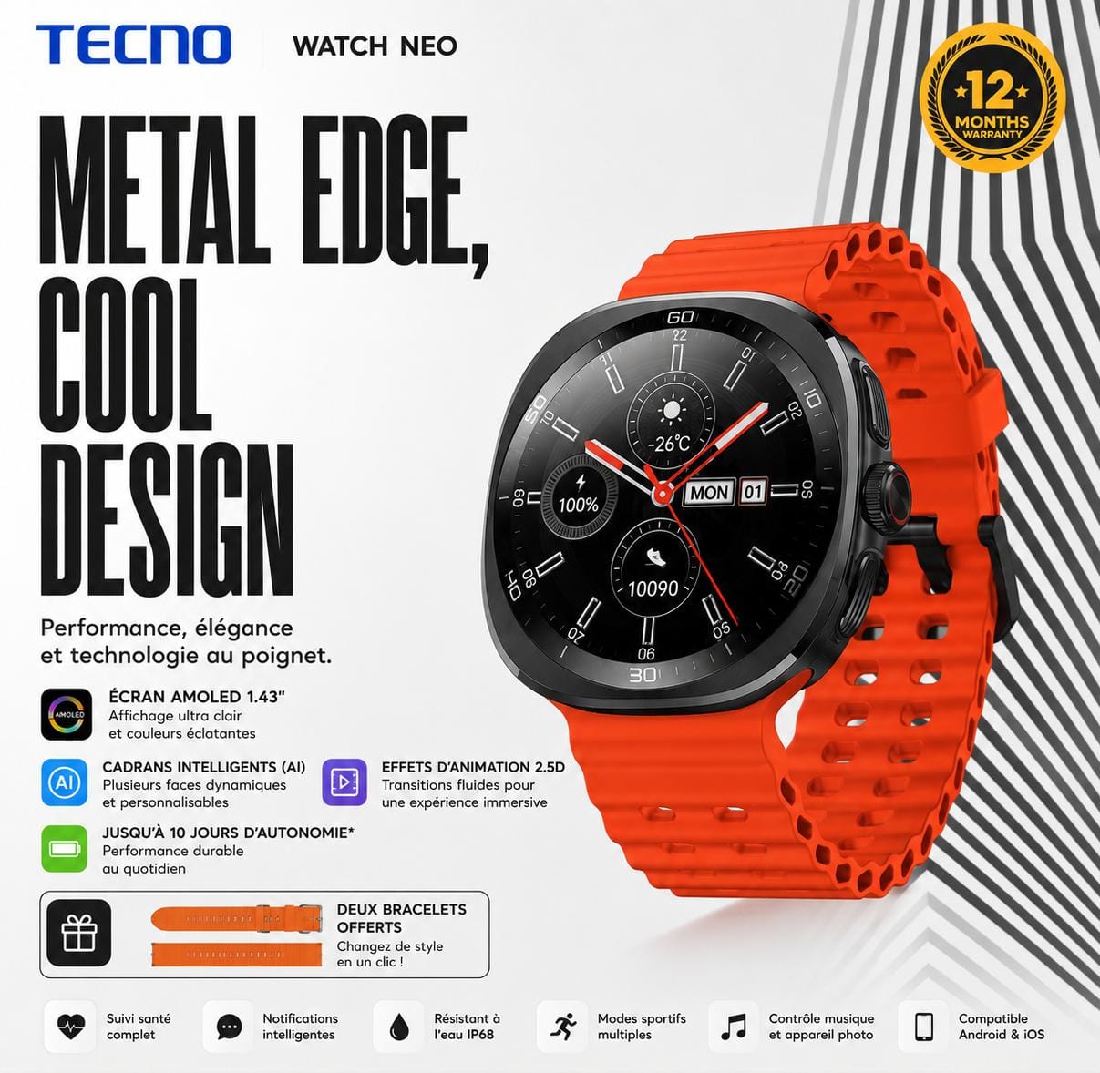 TECNO Watch Neo Smartwatch 1,43″ AMOLED – Montre Connectée avec IA, Suivi Santé et Jusqu’à 10 Jours d’Autonomie