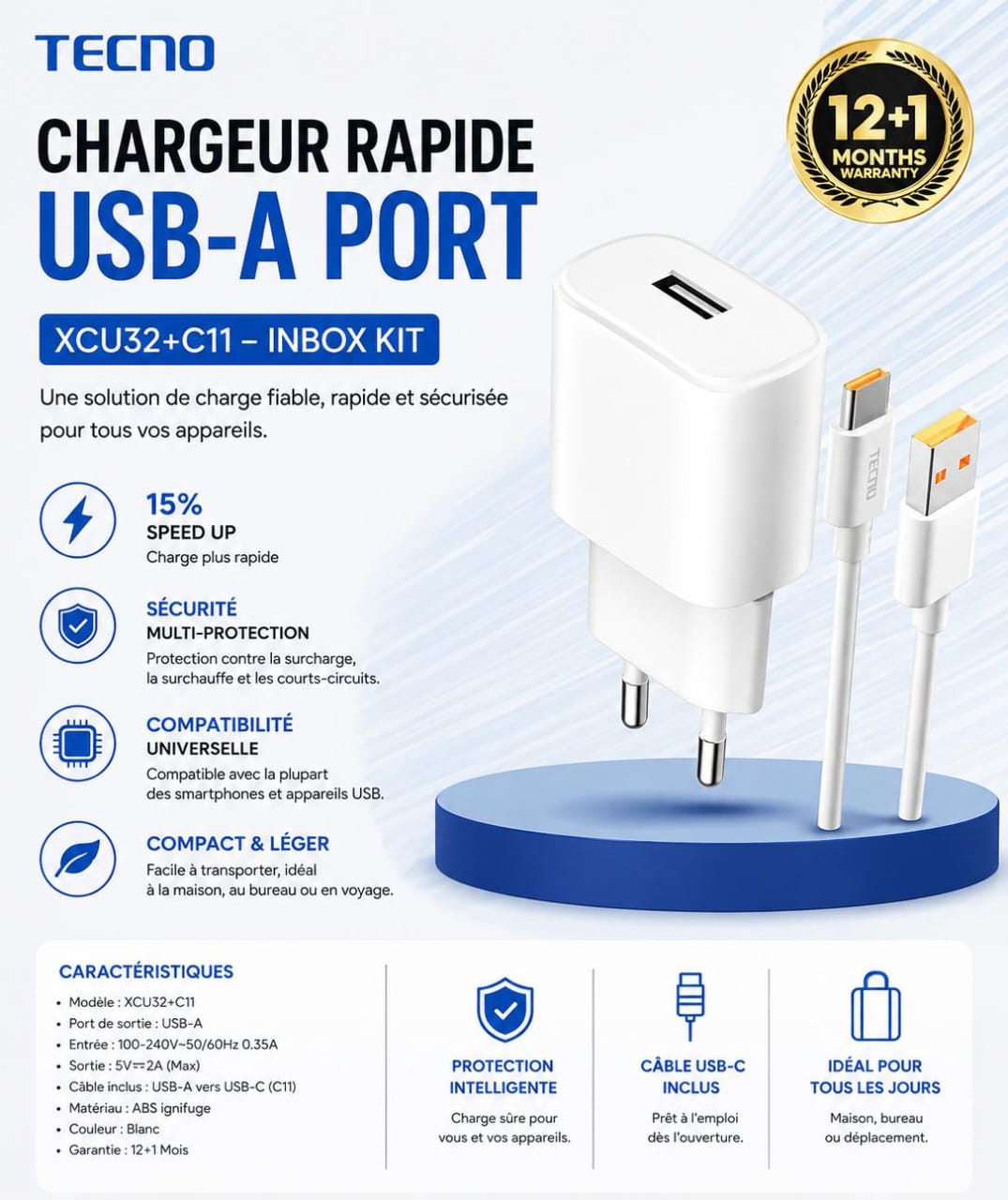 Chargeur Rapide TECNO USB-A + Câble USB-C XCU32+C11 – Kit Original 15% Speed Up