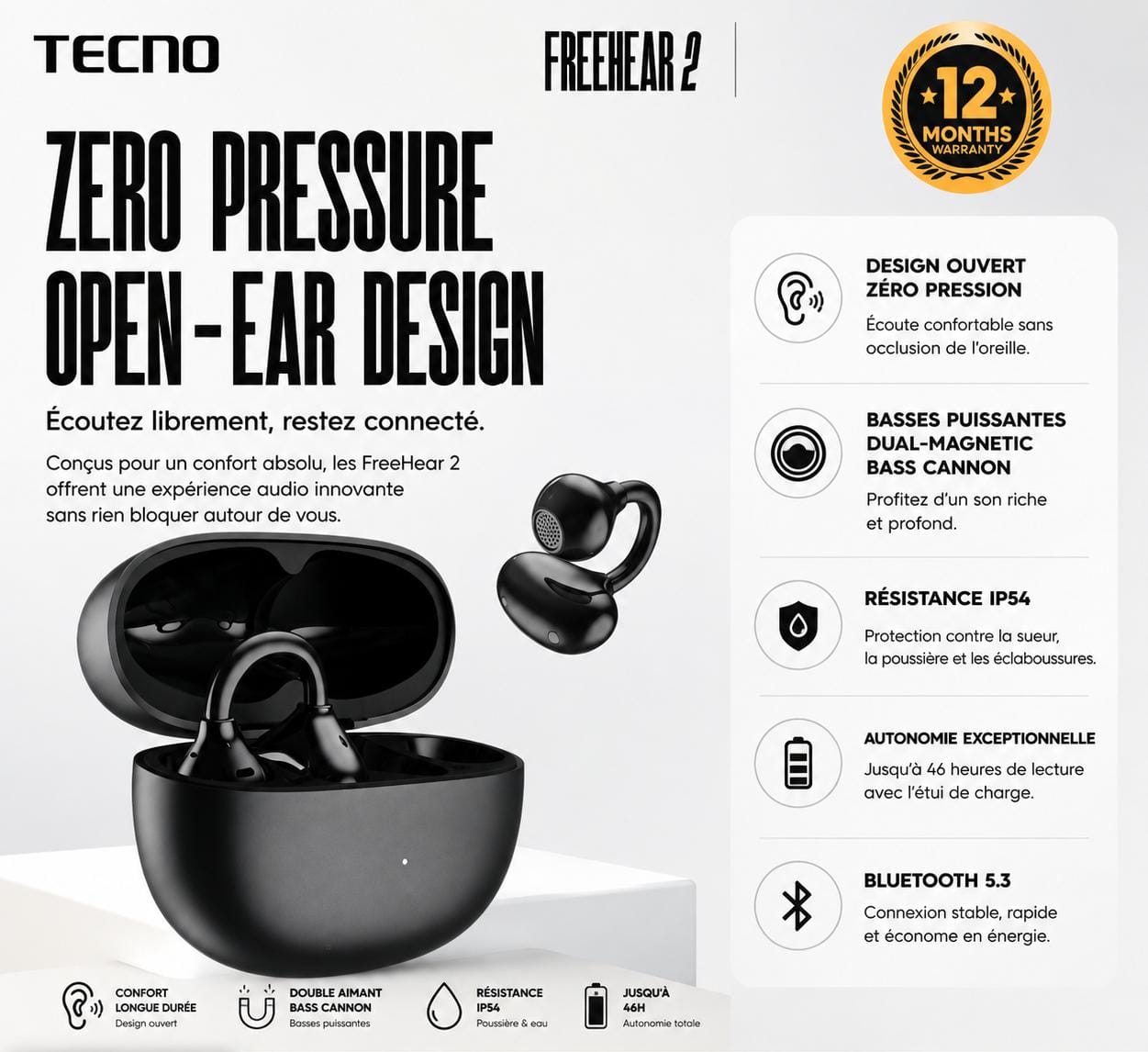 Écouteurs Sans Fil TECNO FreeHear 2 Open-Ear Bluetooth 5.3 – 46H d’Autonomie, IP54, Basses Puissantes