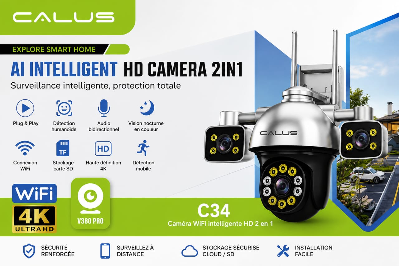 Caméra de Surveillance WiFi 4K C34 2-en-1 CALUS – Vision Nocturne, Détection Humaine & Audio Bidirectionnel