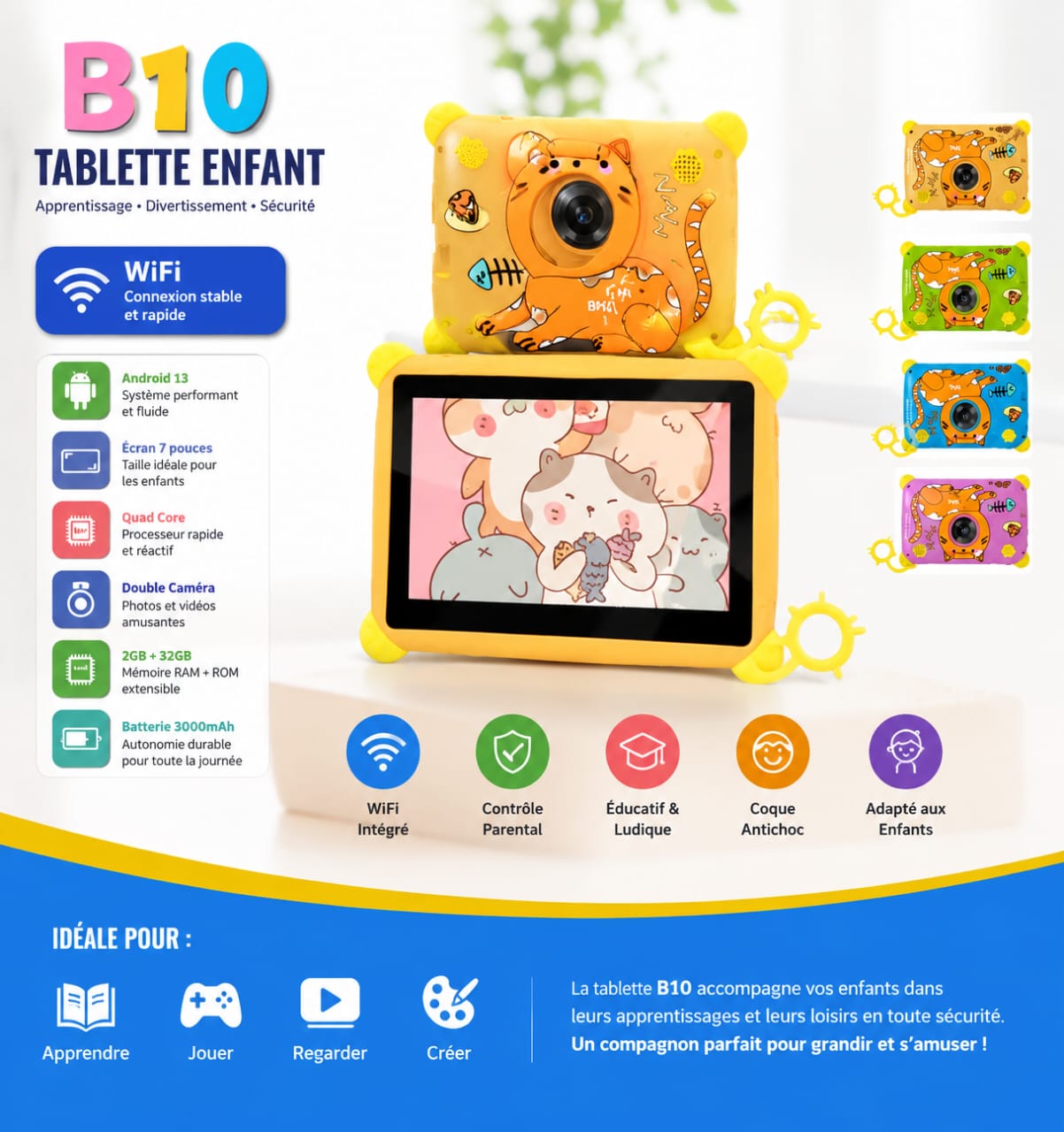 Tablette Enfant B10 7 Pouces WiFi – Android 13, 2Go RAM, 32Go ROM, Double Caméra, Coque Antichoc