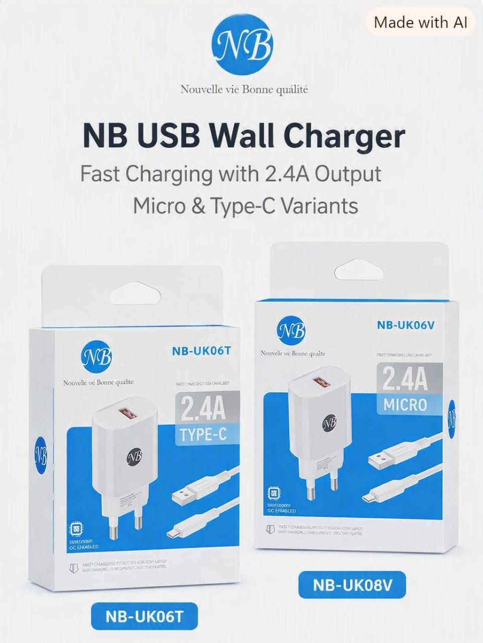 Chargeur Secteur Rapide NB 2.4A avec Câble USB-C – Référence NB-UK06T