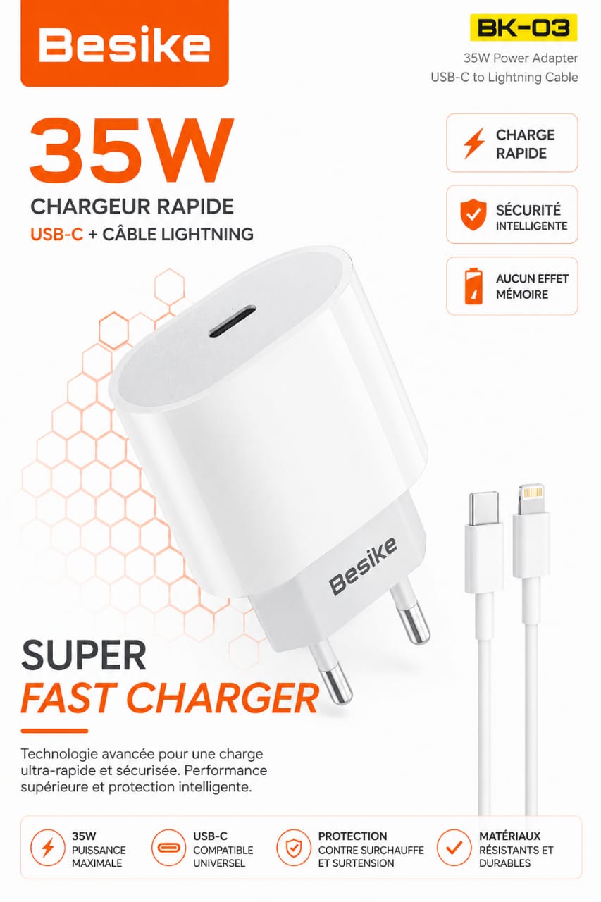 Chargeur Rapide Besike 35W USB-C avec Câble Lightning – Adaptateur Secteur Fast Charge pour iPhone