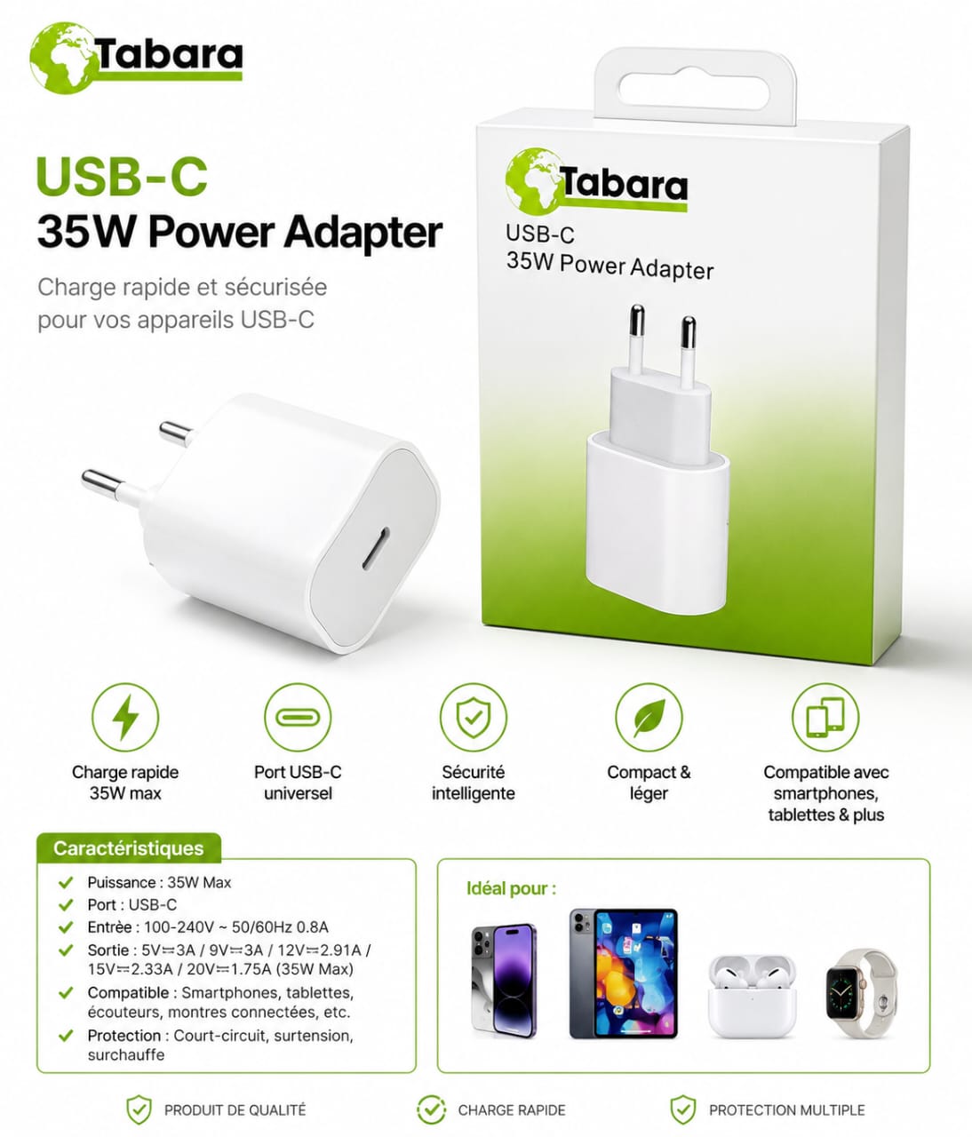 Chargeur USB-C 35W Tabara – Adaptateur secteur rapide pour Smartphone, Tablette et Écouteurs
