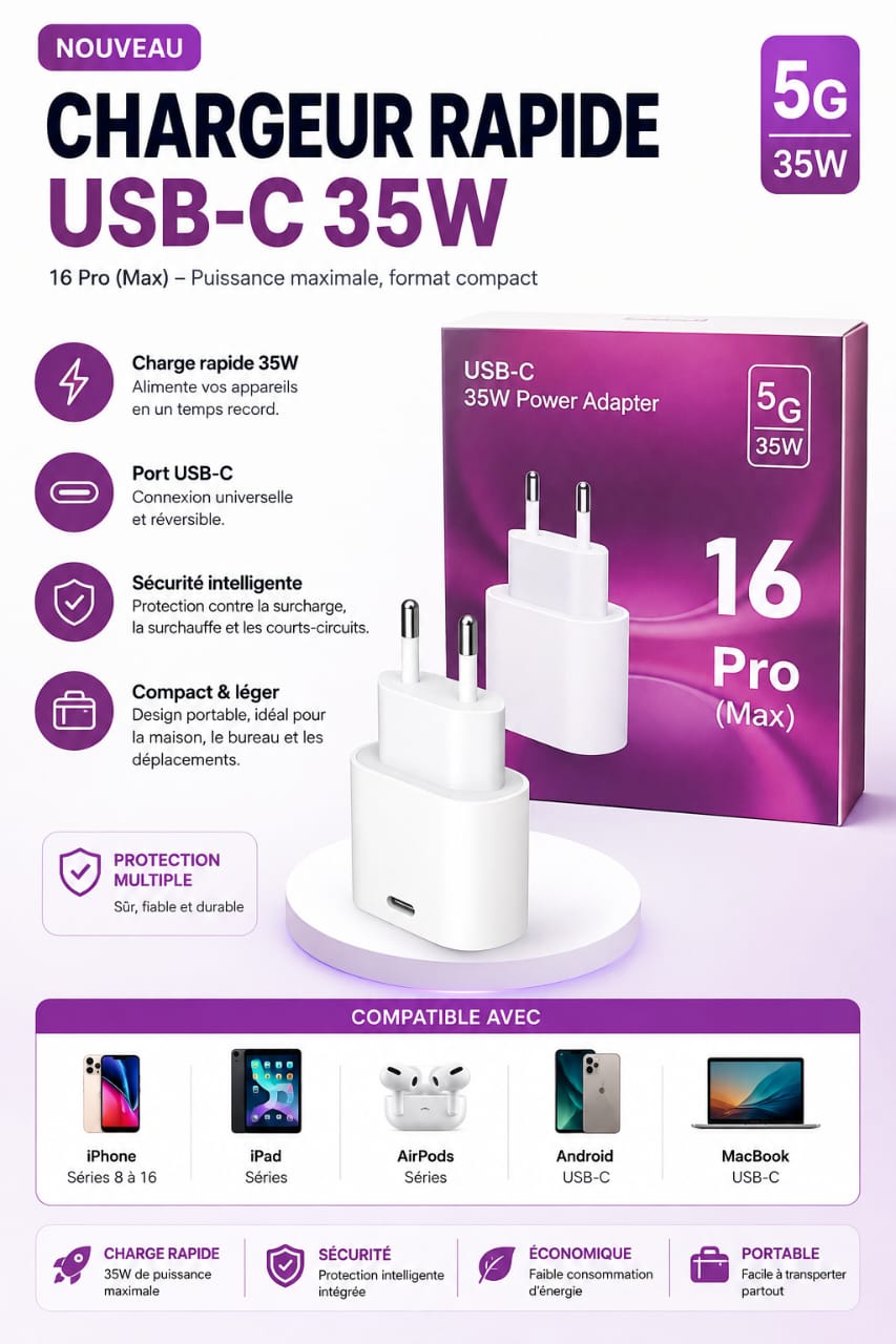 Chargeur Rapide USB-C 35W – Adaptateur Secteur Fast Charge pour iPhone, Samsung & Android