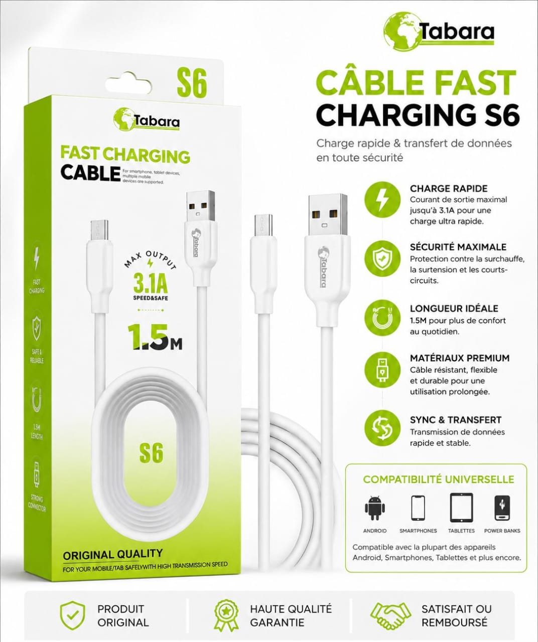 Câble Fast Charging Tabara S6 3.1A – Charge Rapide USB 1,5 m pour Smartphone et Tablette