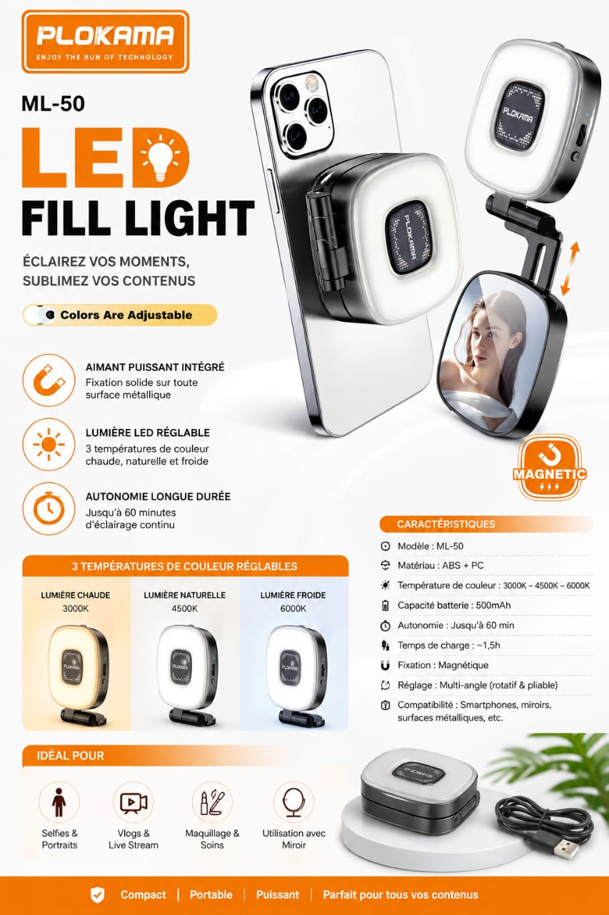 Lampe LED Magnétique PLOKAMA ML-50 pour Smartphone – Éclairage Selfie Rechargeable 3 Températures