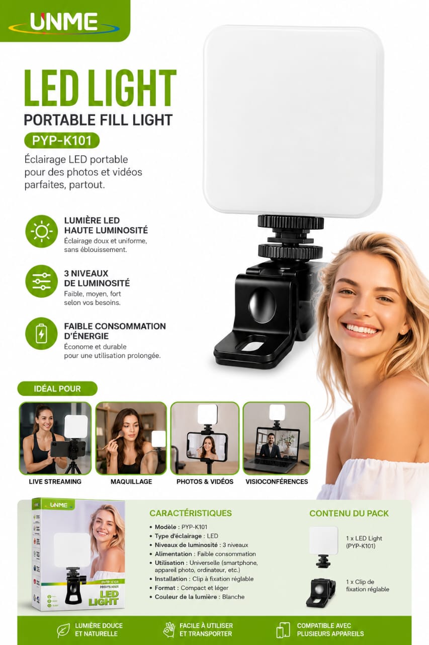 Lampe LED Portable UNME PYP-K101 – Éclairage pour Selfie, Photos, Vidéos & Live Streaming