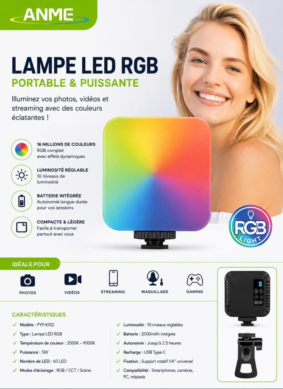 Lampe LED RGB Portable PYP-K102 – Lumière Multicolore pour Photo, Vidéo, Streaming & Gaming