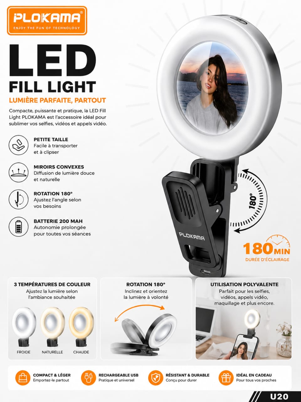 LED Fill Light PLOKAMA U20 – Lampe Selfie Rechargeable 200mAh, 3 Modes de Lumière, Rotation 180°