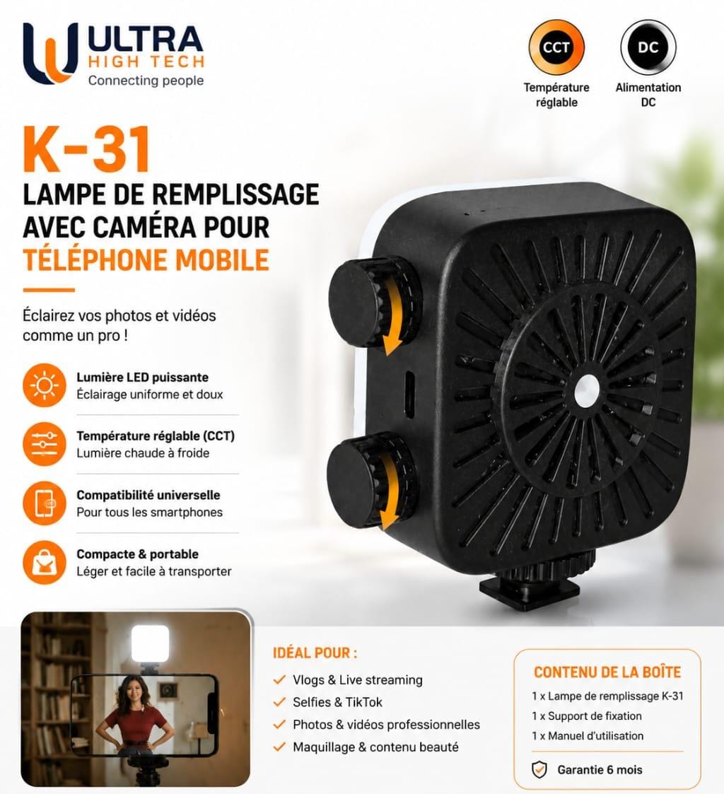 Lampe LED K-31 pour Téléphone Mobile – Lumière de Remplissage CCT Réglable pour TikTok, Vlog & Selfie