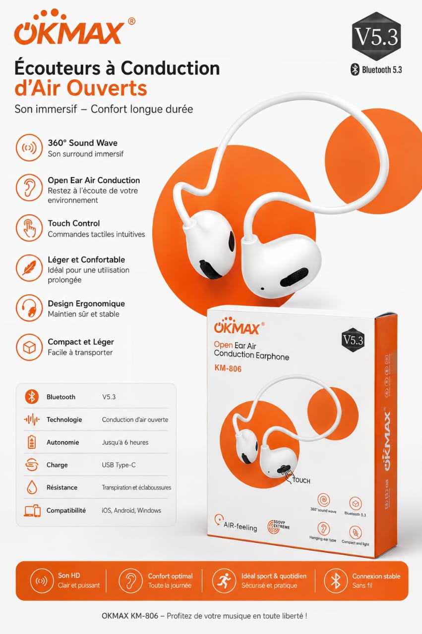 Écouteurs Bluetooth 5.3 OKMAX KM-806 à Conduction d’Air Ouverte – Sans Fil, Tactiles et Confortables
