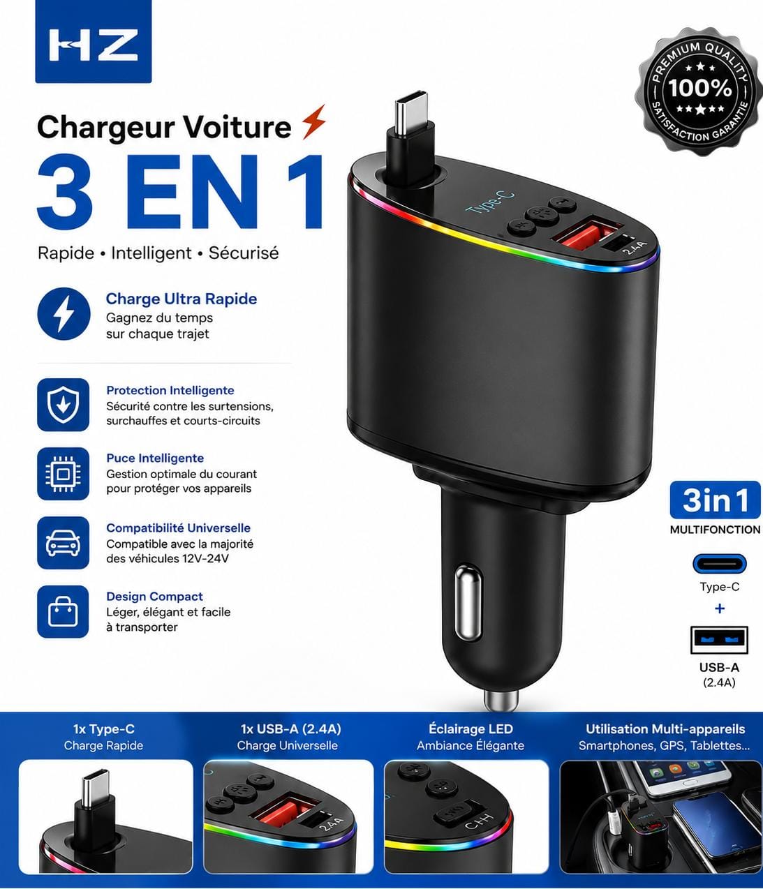 Chargeur Voiture Rapide 3-en-1 HZ H-48 USB-A + Type-C – Chargeur Allume-Cigare Universel