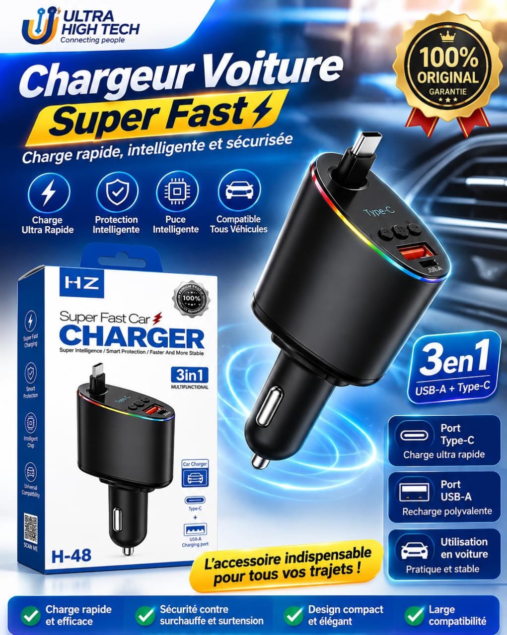 Chargeur Voiture Rapide 3-en-1 HZ H-48 USB-A + Type-C – Chargeur Allume-Cigare Universel – Image 4