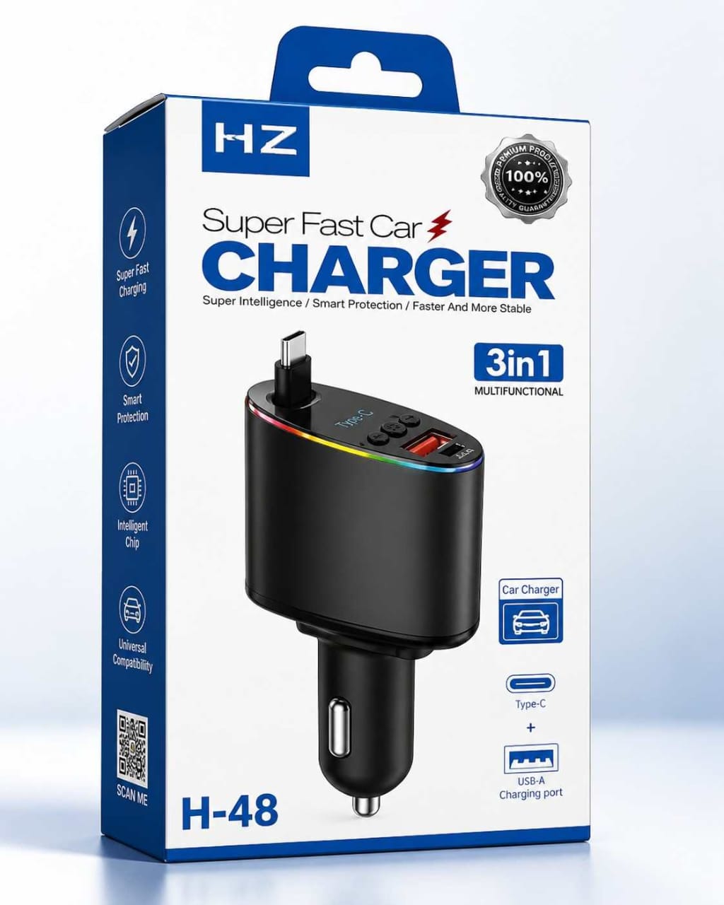 Chargeur Voiture Rapide 3-en-1 HZ H-48 USB-A + Type-C – Chargeur Allume-Cigare Universel – Image 3