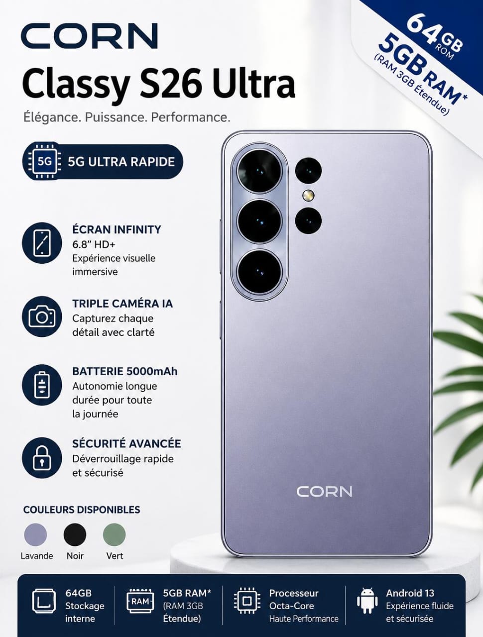 CORN Classy S26 Ultra 5G – Smartphone 64Go, 5Go RAM, Écran 6,8″ HD+