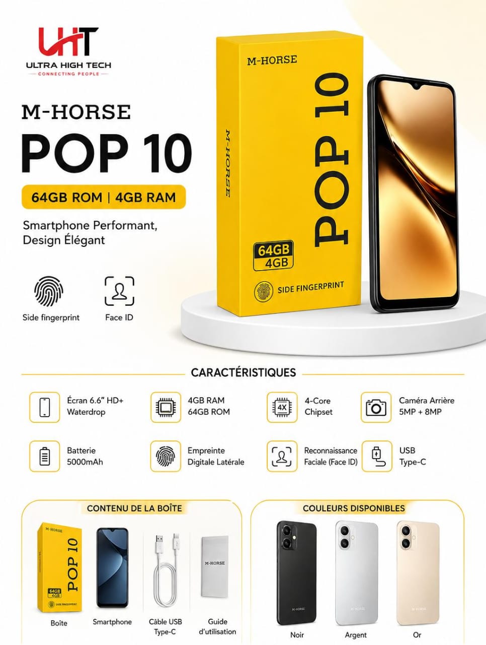 M-HORSE POP 10 – Smartphone 4Go RAM 64Go ROM, Écran 6,6″ HD+, Batterie 5000mAh