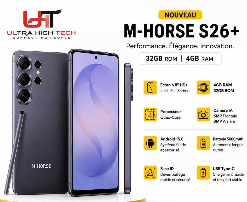 M-HORSE S26+ – Smartphone 4Go RAM 32Go ROM, Écran 6,8″ HD+, Batterie 5000mAh, Android 15