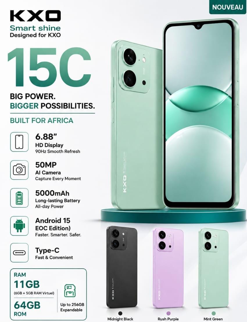 KXO 15C – Smartphone Android 15, 11 Go RAM, 64 Go ROM, Écran 6,88″ 90Hz, Caméra 50MP, Batterie 5000mAh