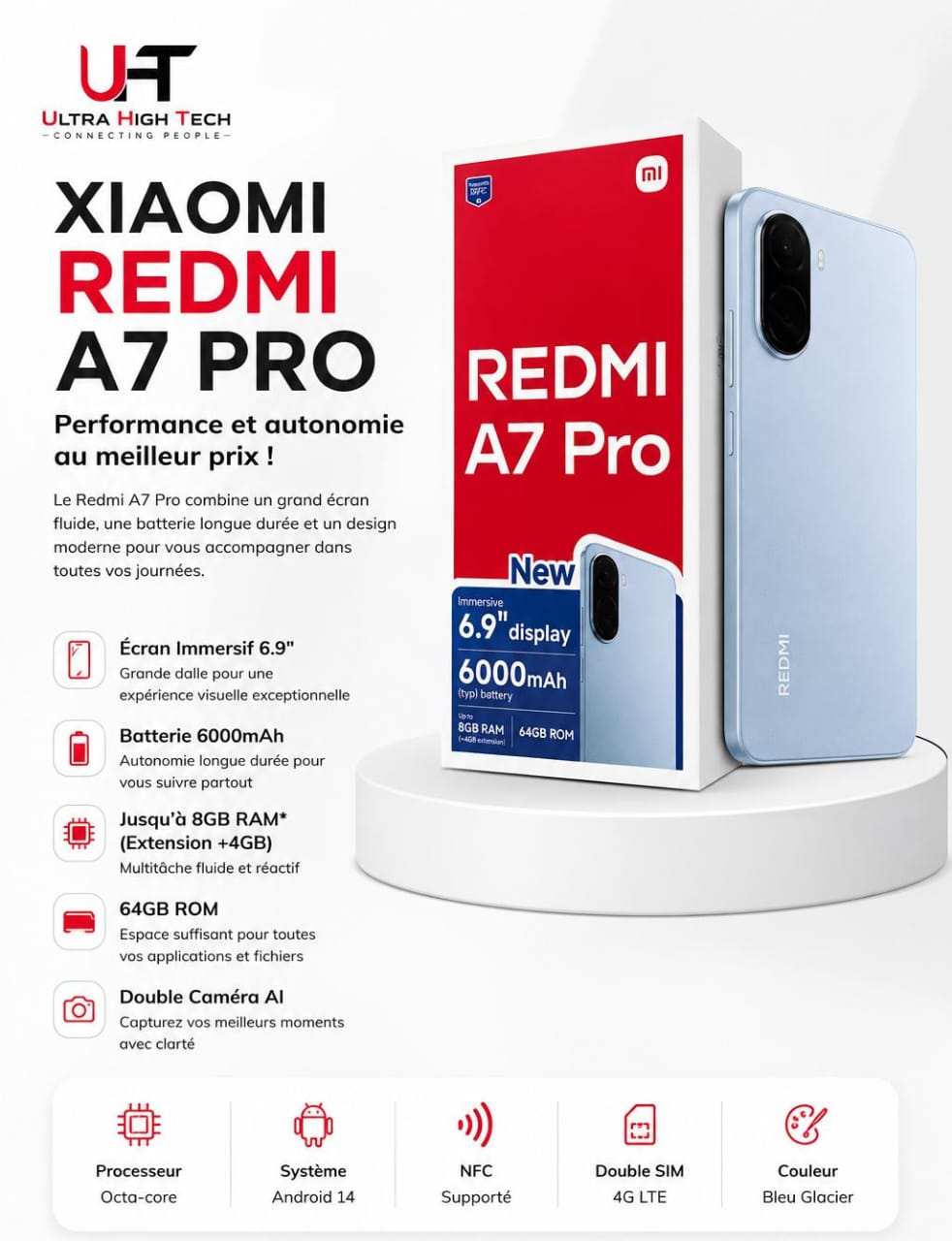 Xiaomi Redmi A7 Pro 4G – 8Go RAM + 64Go ROM, Écran 6,9", Batterie 6000mAh