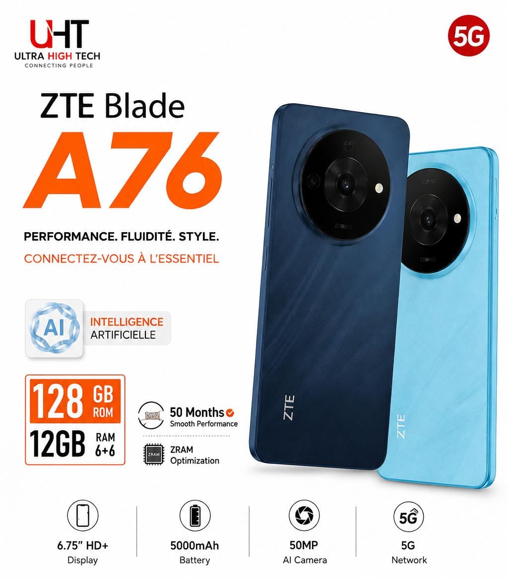 ZTE Blade A76 5G – Smartphone 128 Go ROM, 12 Go RAM, 5000 mAh, Écran 6,75″ HD+
