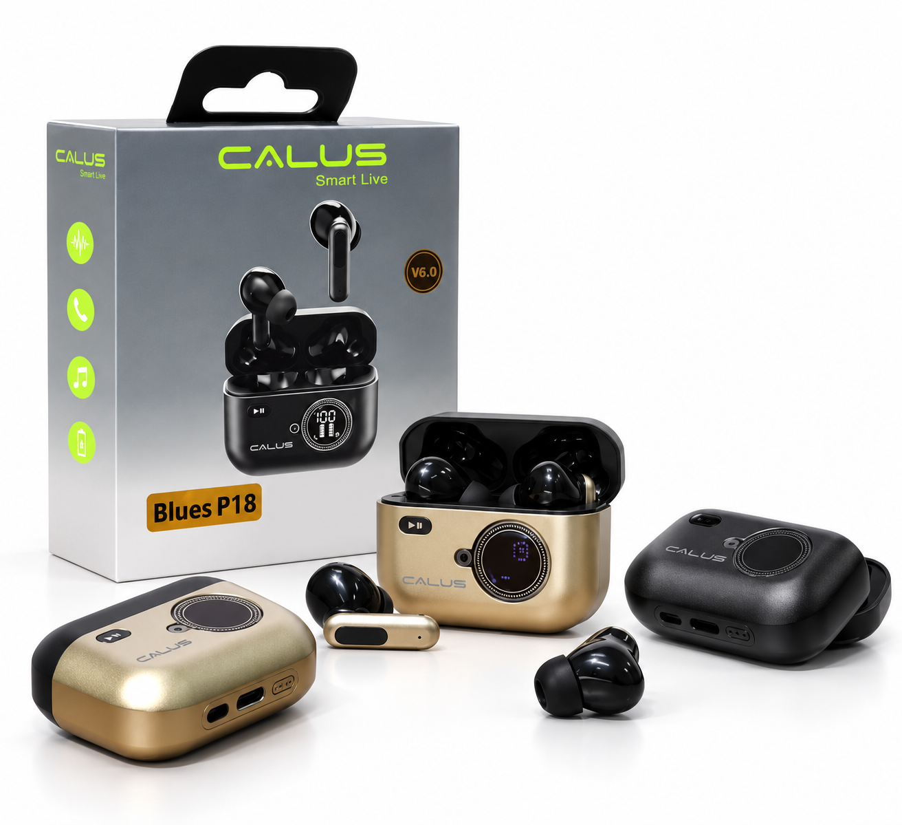 Écouteurs Bluetooth CALUS Blues P18 V6.0 – Sans Fil avec Boîtier de Charge et Écran LED