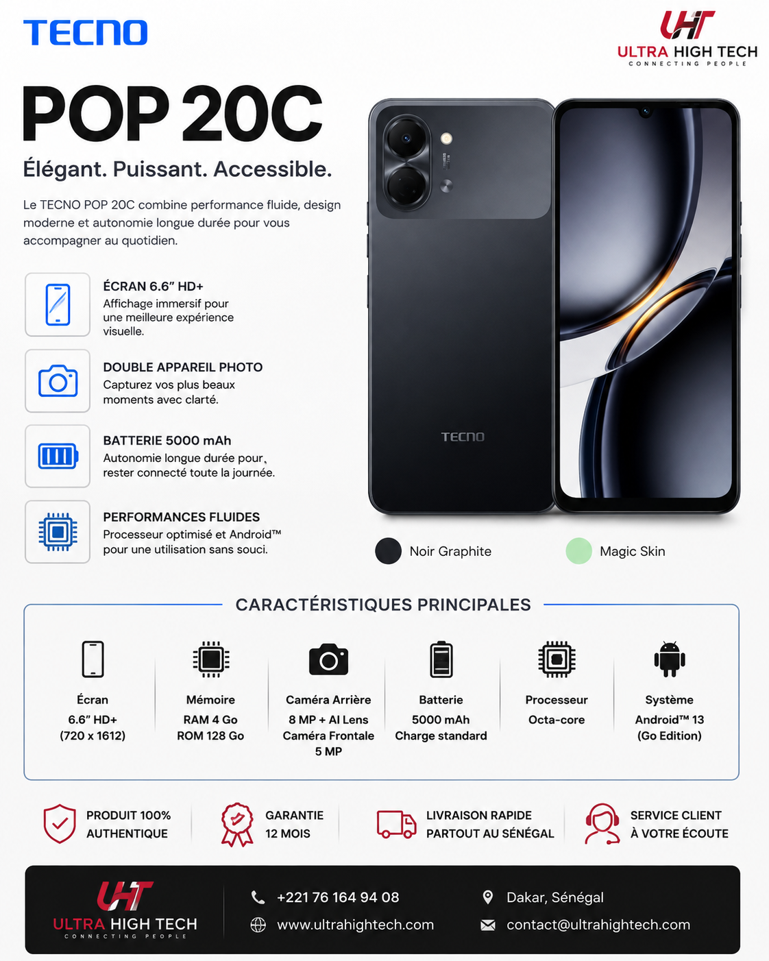 TECNO POP 20C 4Go RAM 128Go – Écran 6,6″ HD+, Batterie 5000 mAh
