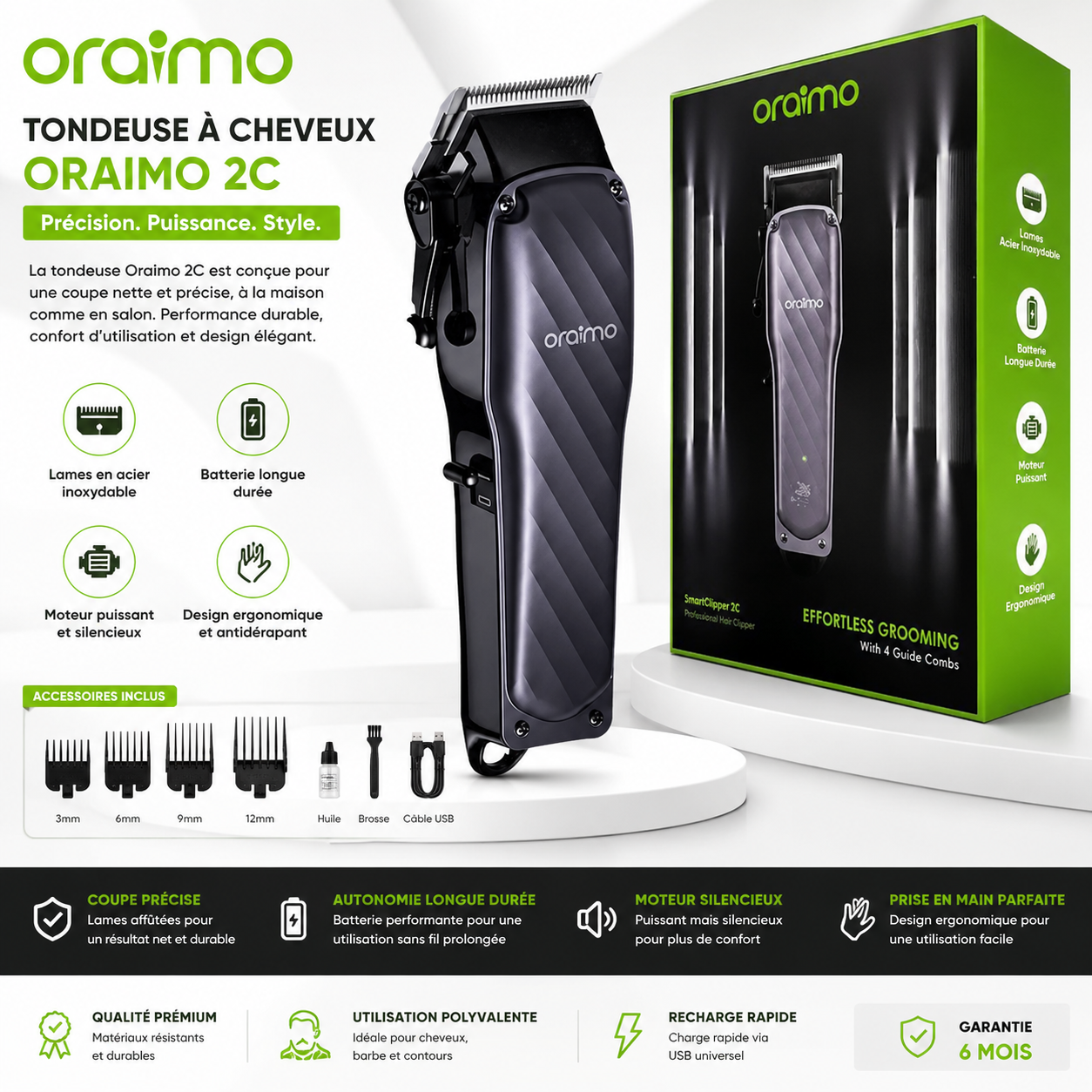 Tondeuse à Cheveux Oraimo 2C – Tondeuse Électrique Professionnelle, Lames Inoxydables, Batterie Longue Durée