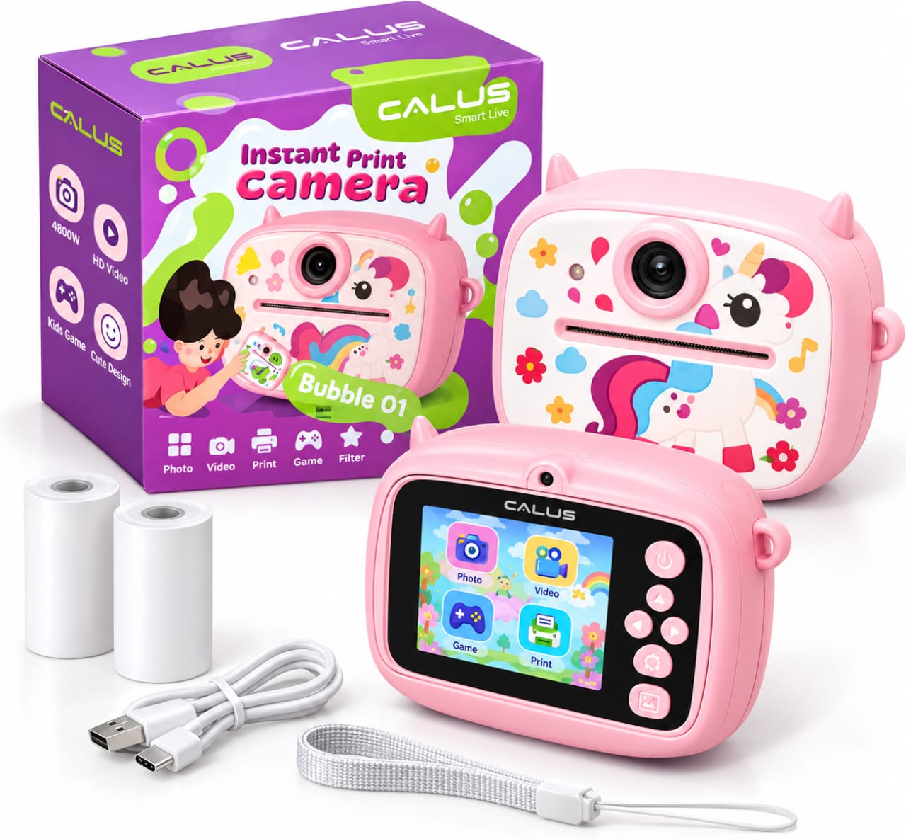 Appareil Photo Instantané Enfant CALUS Bubble 01 – Caméra Kids avec Impression, Photo, Vidéo et Jeux